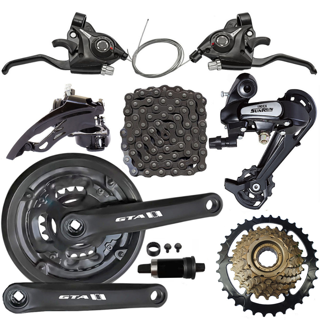 Kit Bicicleta 21 Vel  para aro 26 e 29 Trocador Marcha Rapdfire Câmbios Dianteiro e Traseiro Catraca Corrente Pedivela e Movimento Cetral com Rolamentos
