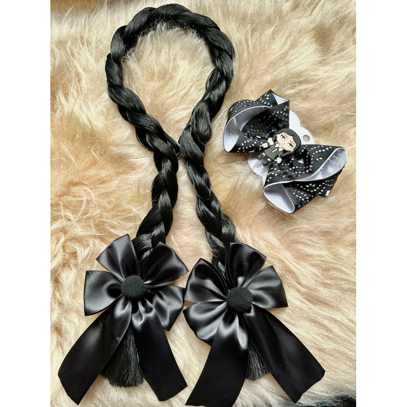 Kit Trança Wandinha e Laço com Aplique Fantasia Lembrancinha Halloween