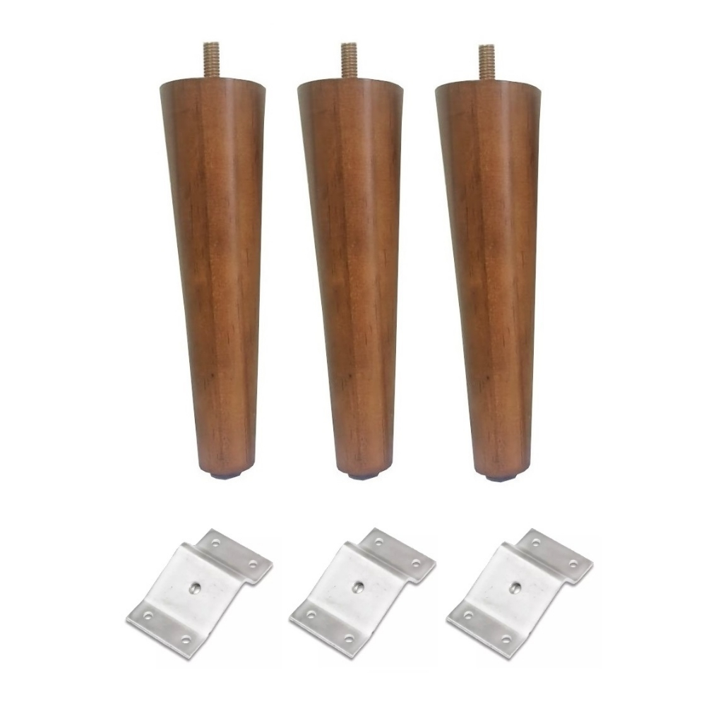 3 Pés Palito 17cm Puff Sofá Rack Poltrona Banco Madeira + 3 Chapinha Chapa Metal Inclinada - JTHOME