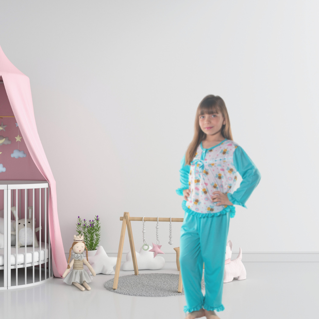 Pijama Longo Infantil Feminino Calça Comprida Manga Longa Com Babado Adulto Decote Redondo Detalhe Em Botão Conjunto Conforto Malha Tecido Liso Estampado