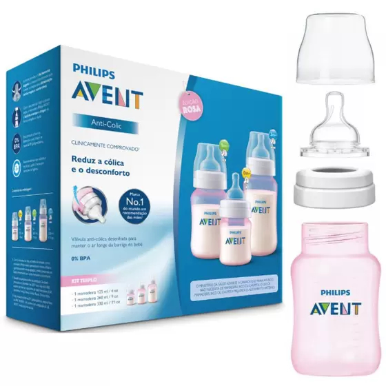 Kit 3 Mamadeira Avent Anticolica  Azul / Rosa 125, 260, 330ml - Philips Avent