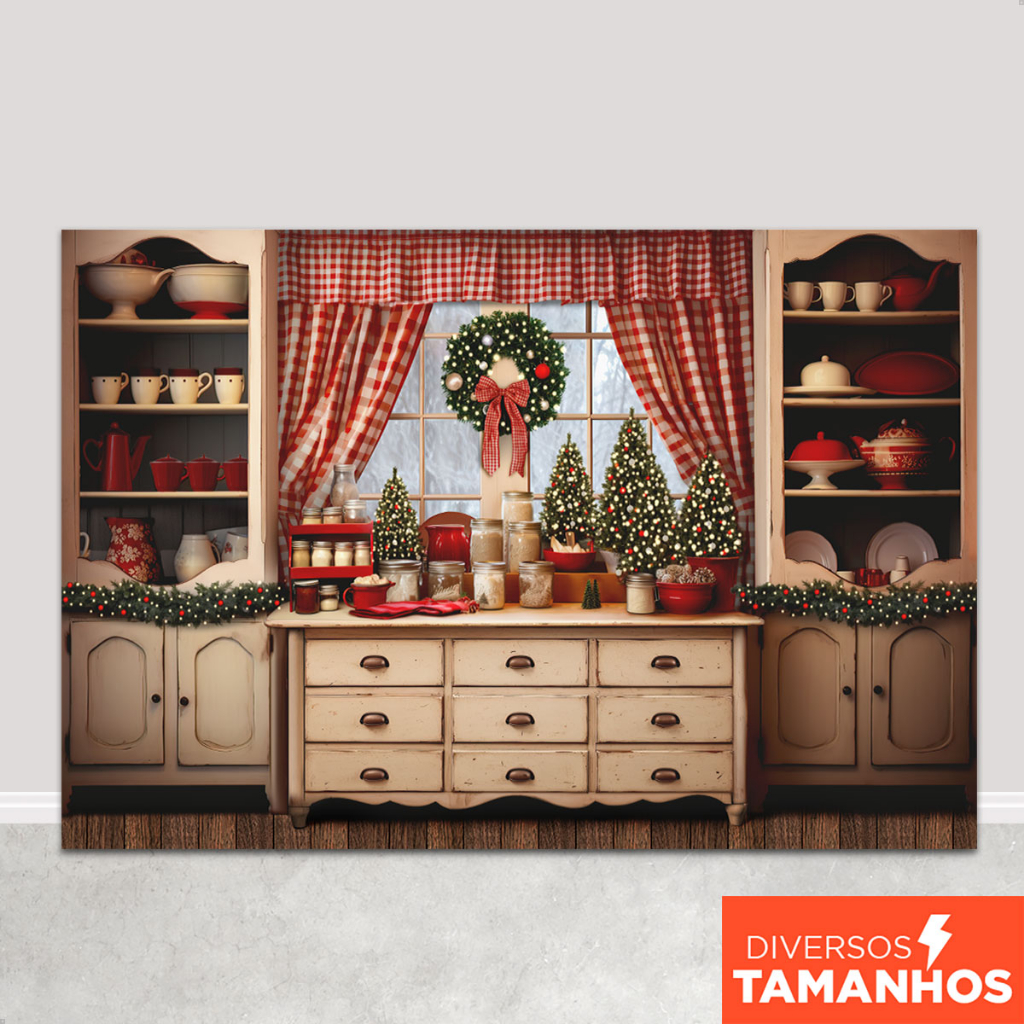 Fundo Fotográfico Natal Cenário Cozinha Xadrez Painel para Foto Em Tecido Sublimado - FNT-781 em Oferta na Shopee
