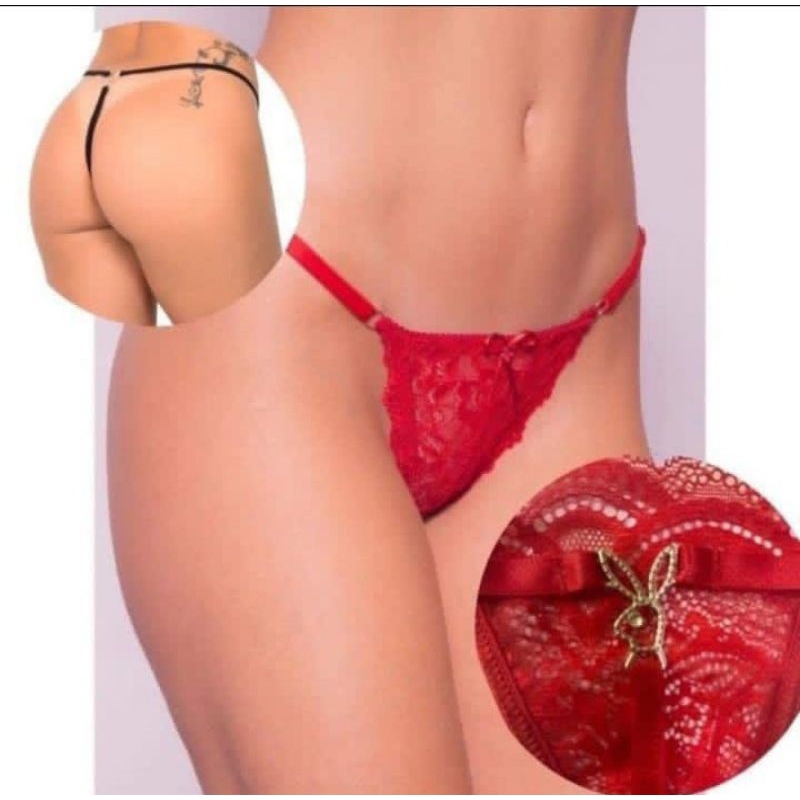 kit com 5 tangas pingente da coelhinha playboy  rendada, fio dental / regulagem REF PLAYBOY