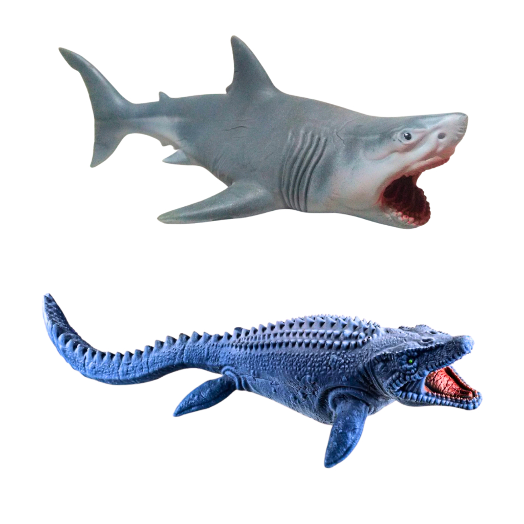 Kit 2 Brinquedo Tubarão Dinossauro Infantil Shark Baby Dino Mossassauro Vinil Menino Menina