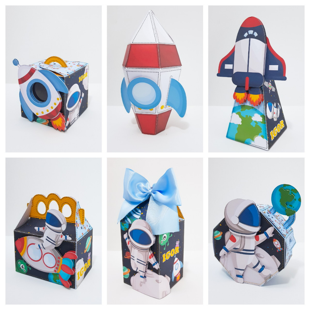 Kit Festa ASTRONAUTA 20 OU 32 ITENS Personalizado | Lembrancinhas | Decoração Aniversário | Caixa Milk Pirâmide