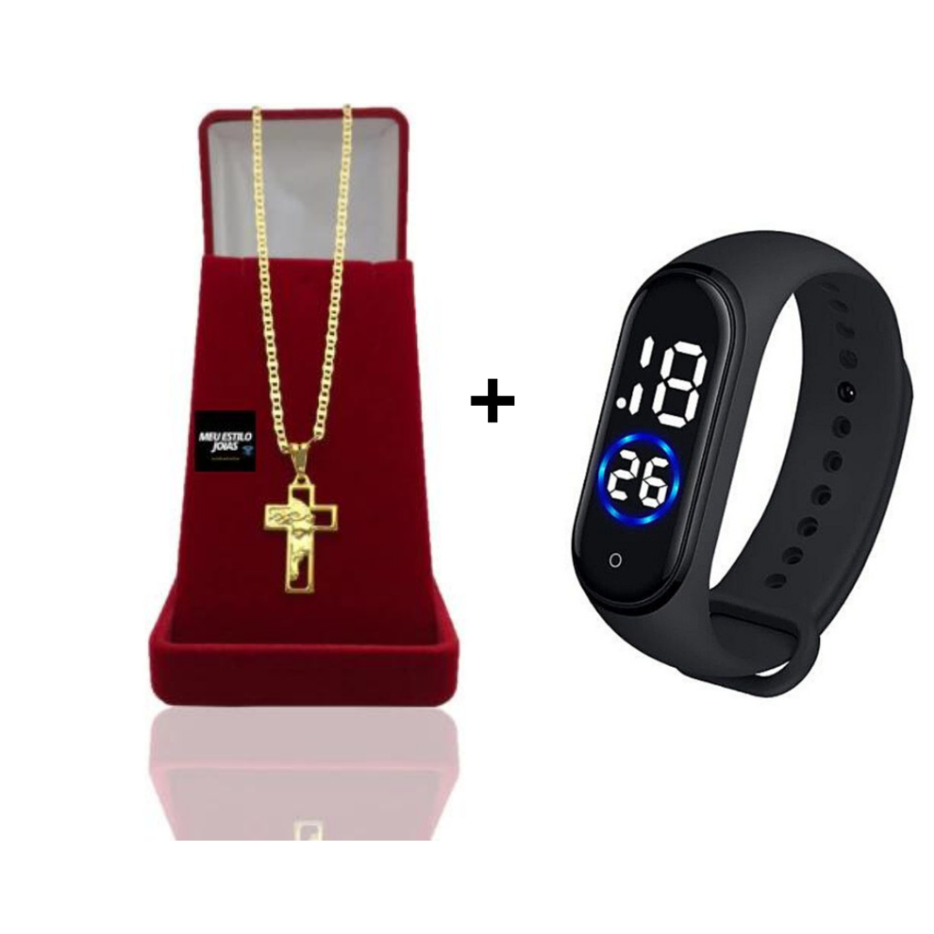 Masculina Piastrini 3mm Banhado a Ouro Com Pingente Cruz Face de Cristo + Relógio De Pulso Digital Com LED Prova D'água Cordão Masculino