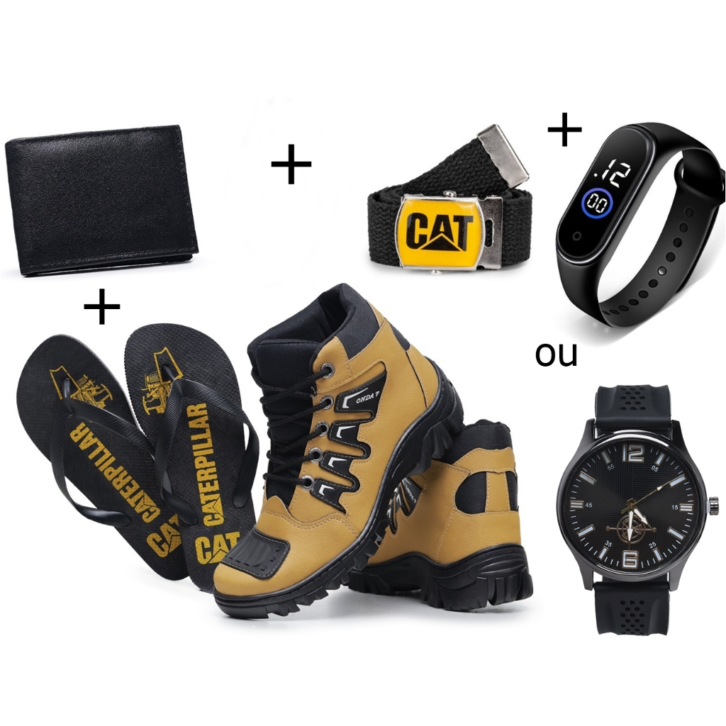 Kit Bota Coturno Masculino Caterpillar Adventure Onset + Chinelo + Carteira + Cinto e Relógio