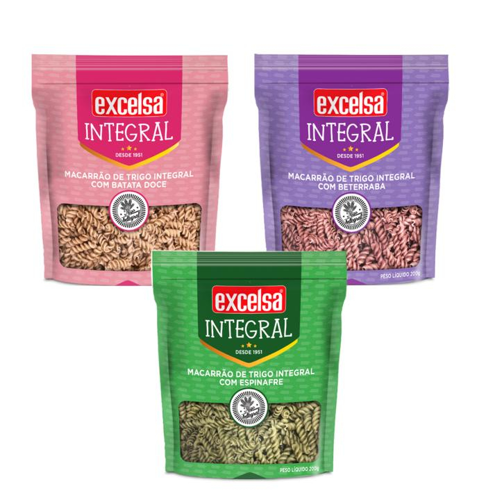 Macarrão Espiral Integral Espinafre + Beterraba + Batata Doce 200g Zero Ovos Zero Lactose - Excelsa