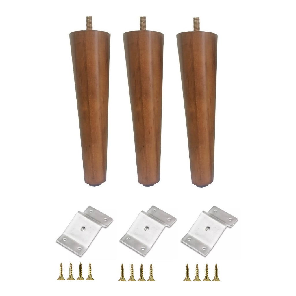 3 Pés Palito 17cm Puff Sofá Rack Poltrona Banco Madeira + 3 Chapinha Chapa Metal Inclinada + Parafusinhos
