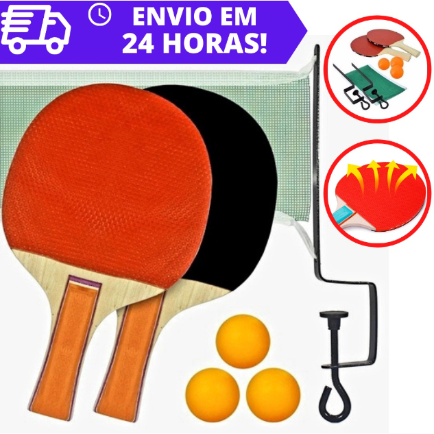 KIT Ping Pong Tênis de Mesa C/ 2 Raquetes Anatômicas, 3 Bolas, 1 Rede e 2 Suportes