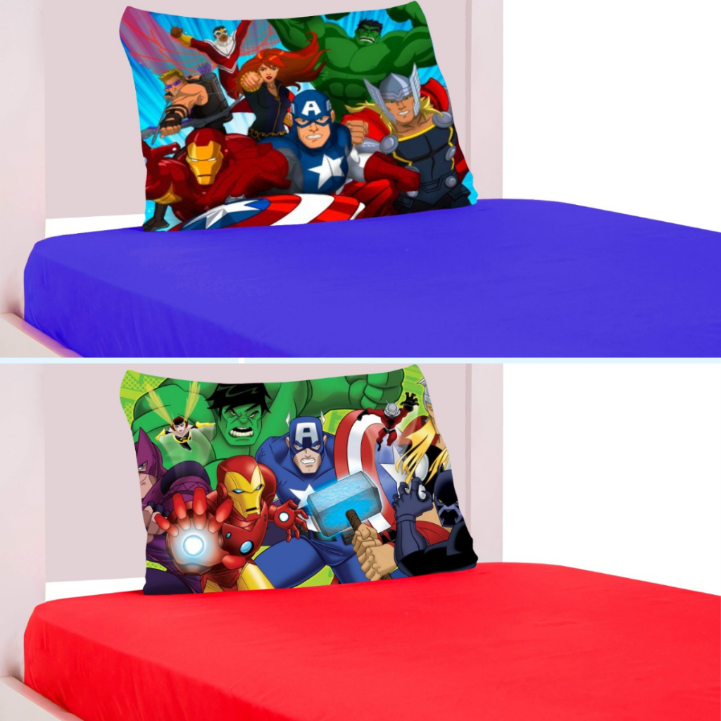 Kit Jogo de Cama Lençol Cama Solteiro Liso + Fronha Estampada Vingadores Herois Kids Infantil 02 Pçs