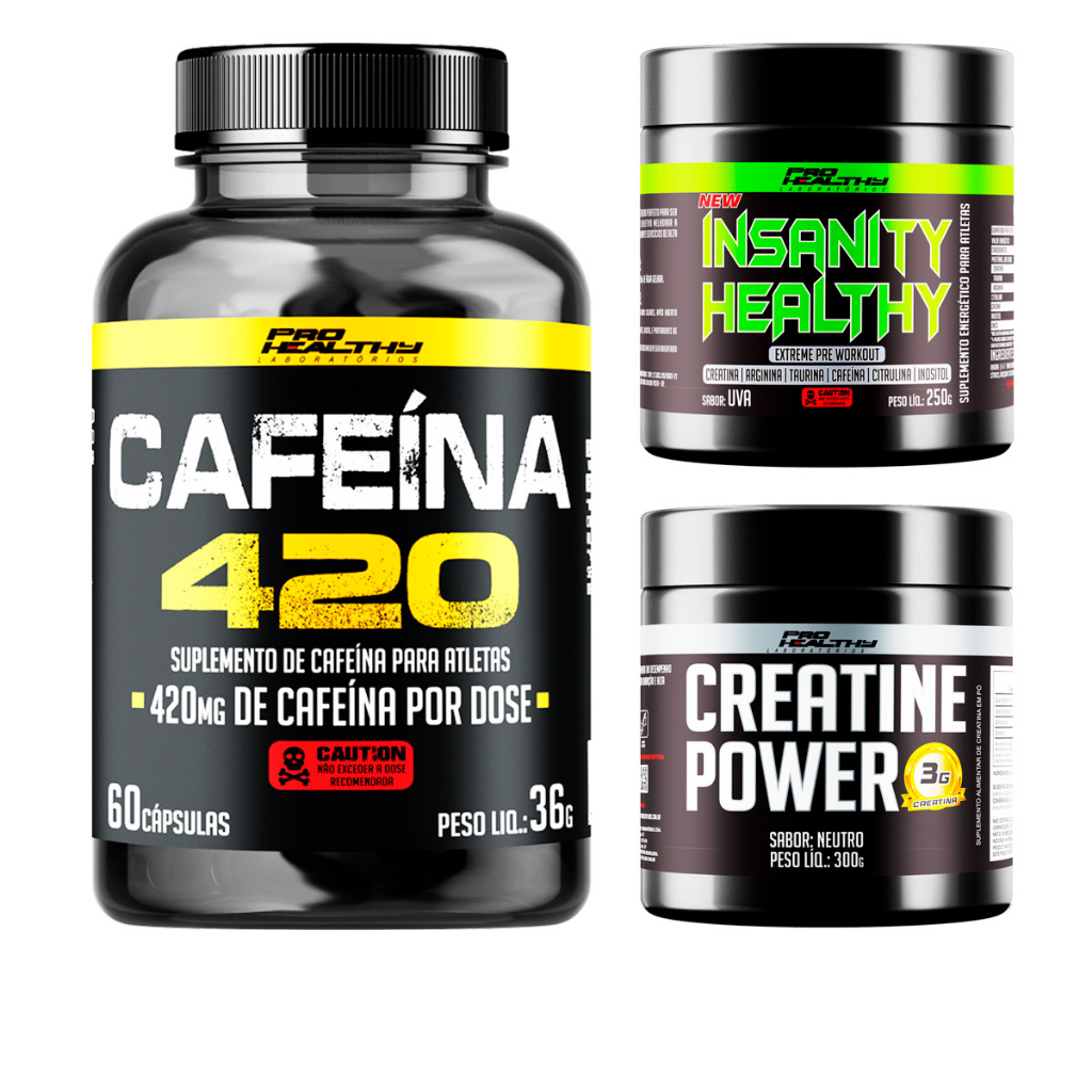 Creatina Monohidratada 300g + Cafeína 420mg 60 Caps + Pre Treino 250g Insanity - Pro Healthy