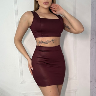 Conjunto Mídi Feminino Elegante Saía e Cropped Em Cirrê Tendência