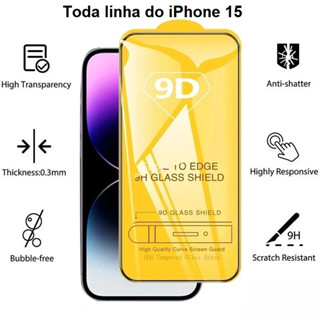 Película Protetora iPhone 15 9H 9D Tela Vidro Temperado Toda Linha do 15