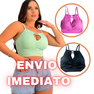 Cropped Feminino Canelado Blusa Feminina Top com Bojo Detalhe Franzido Alcinha