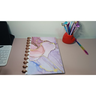 Caderno disco/Caderno inteligente 160 páginas com capa flexível reposicionável - Capa mármore tons rosados