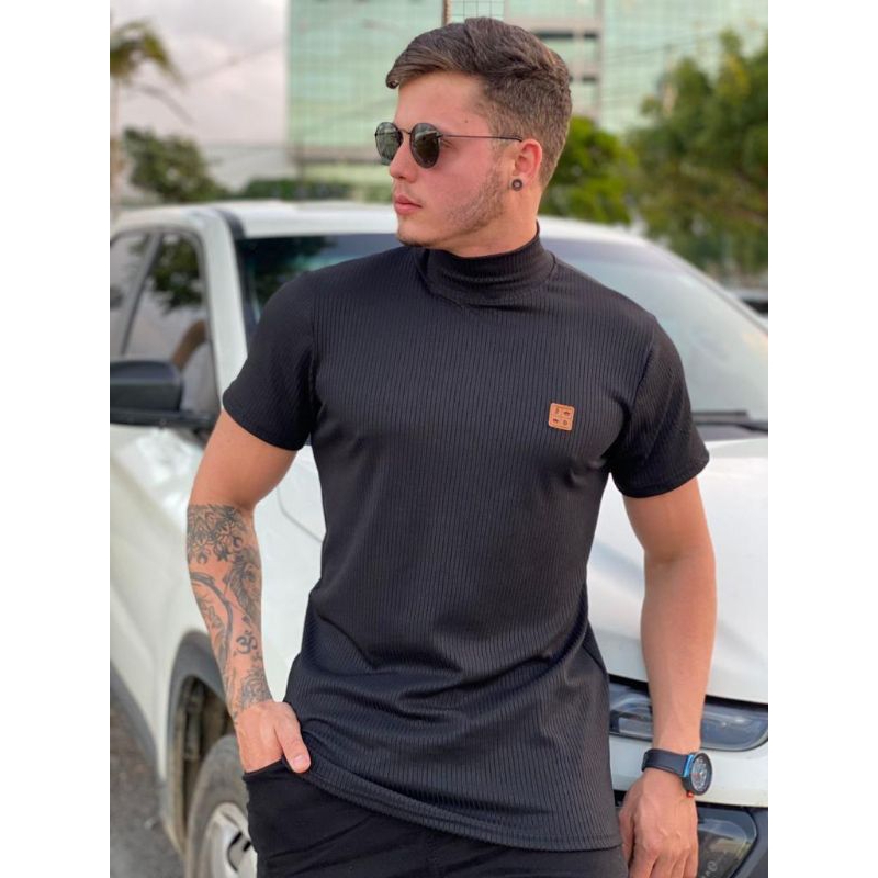 Camisa masculina oversized, camisa gola alta longline, camisa gola alta longline masculina