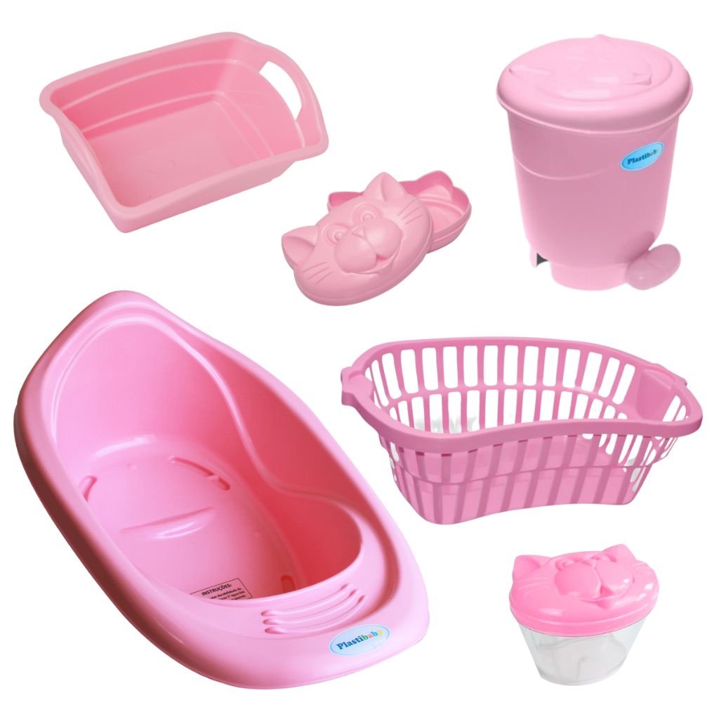KIT BANHEIRA DE BEBE COM VÁLVULA DE ESCAPE ORGANIZADOR LIXEIRA + CESTO TELADO + SABONETEIRA + PORTA ALGODÃO - PlastiBaby
