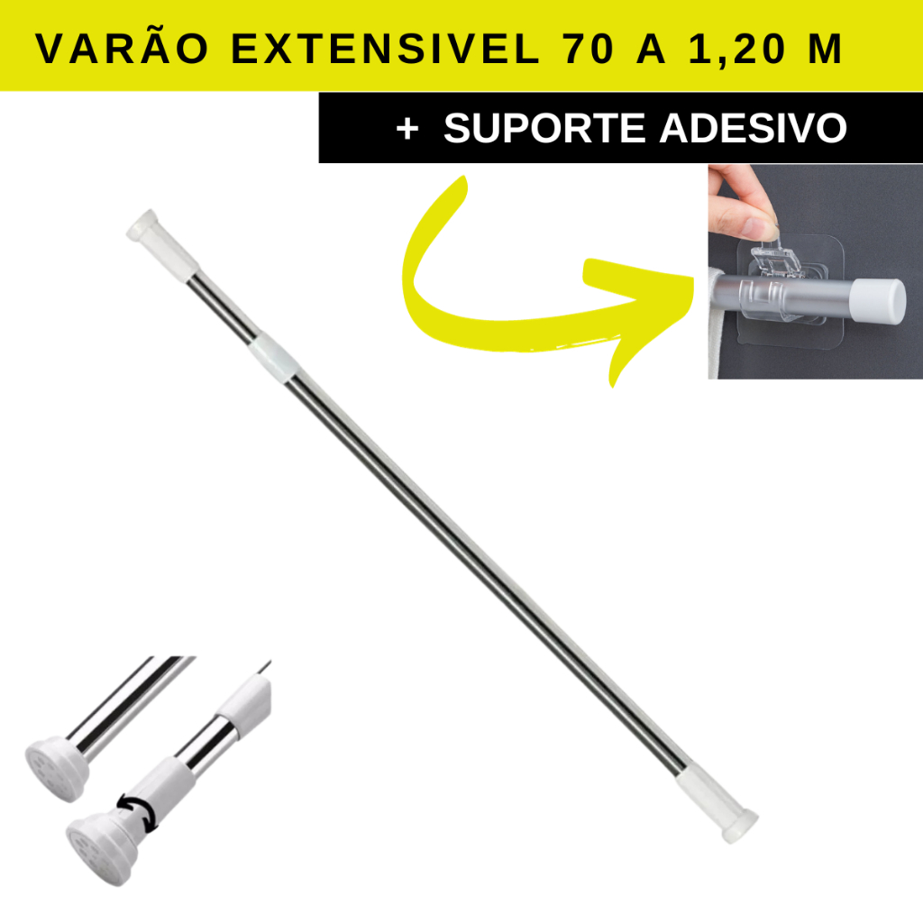 Kit Varão de Cortina Extensivel 70  a 1,20 Simples Mais Suporte Adesivo 2 Peças em Oferta na Shopee