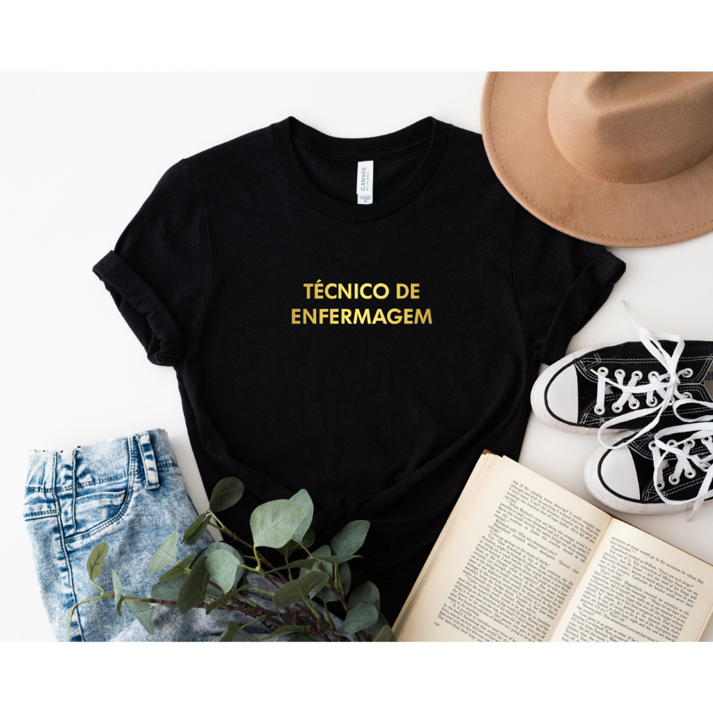 Blusa T-shirt Feminina Técnico de Enfermagem Preta com Dourada