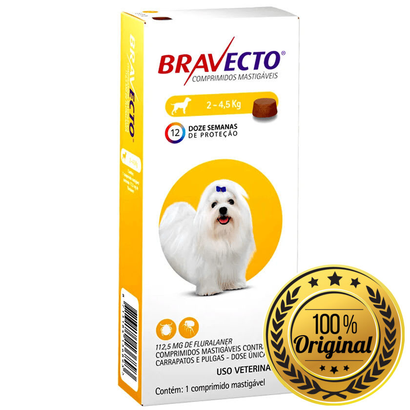 4 remedios Antipulgas e Carrapatos MSD Bravecto para Cães de 2 a 4,5 Kg 112,5 mg - Envio Imediato