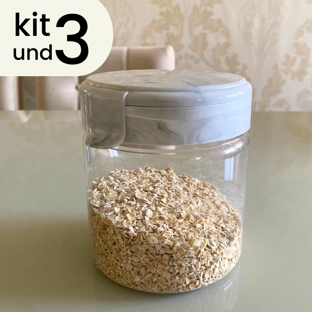 Kit Jogo 3 Potes 1 litro Plástico Tampa Cozinha Encaixe Premium Conjunto Carrara Arroz Feijão