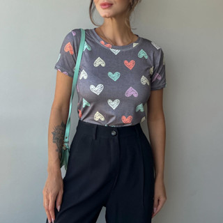 Tshirt Corações Mescla Blusa Básica Feminina Camiseta Gola O Malha Suplex Estampada