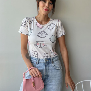 Tshirt Gatinhos Blusa Básica Feminina Camiseta Gola O Malha Suplex Estampada