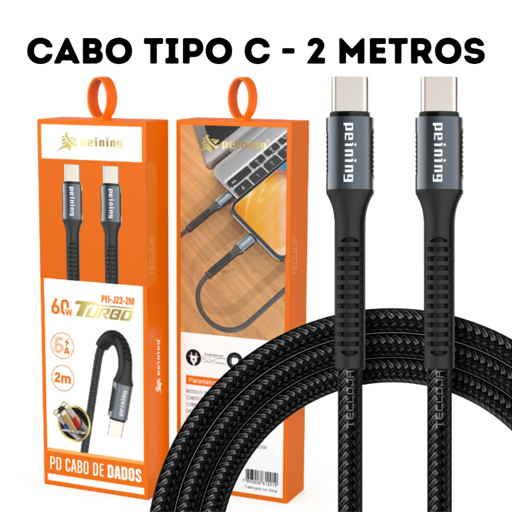 Cabo USB Tipo C Ultra Rápido 2 Metros Cabo De Carga Rápida Tipo C PD 60W Cabo Tipo C Para Tipo C Turbo Nylon 2 Metros em Oferta na Shopee