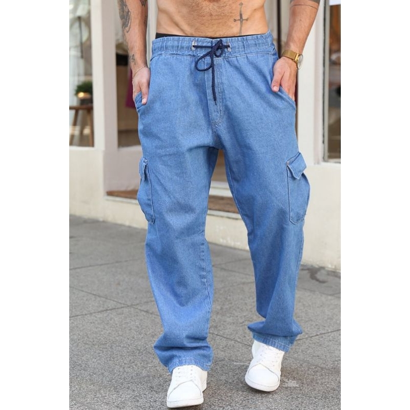 Calça Cargo Jeans  Balao Clara Larga Sk8 Blogueira Lançamento