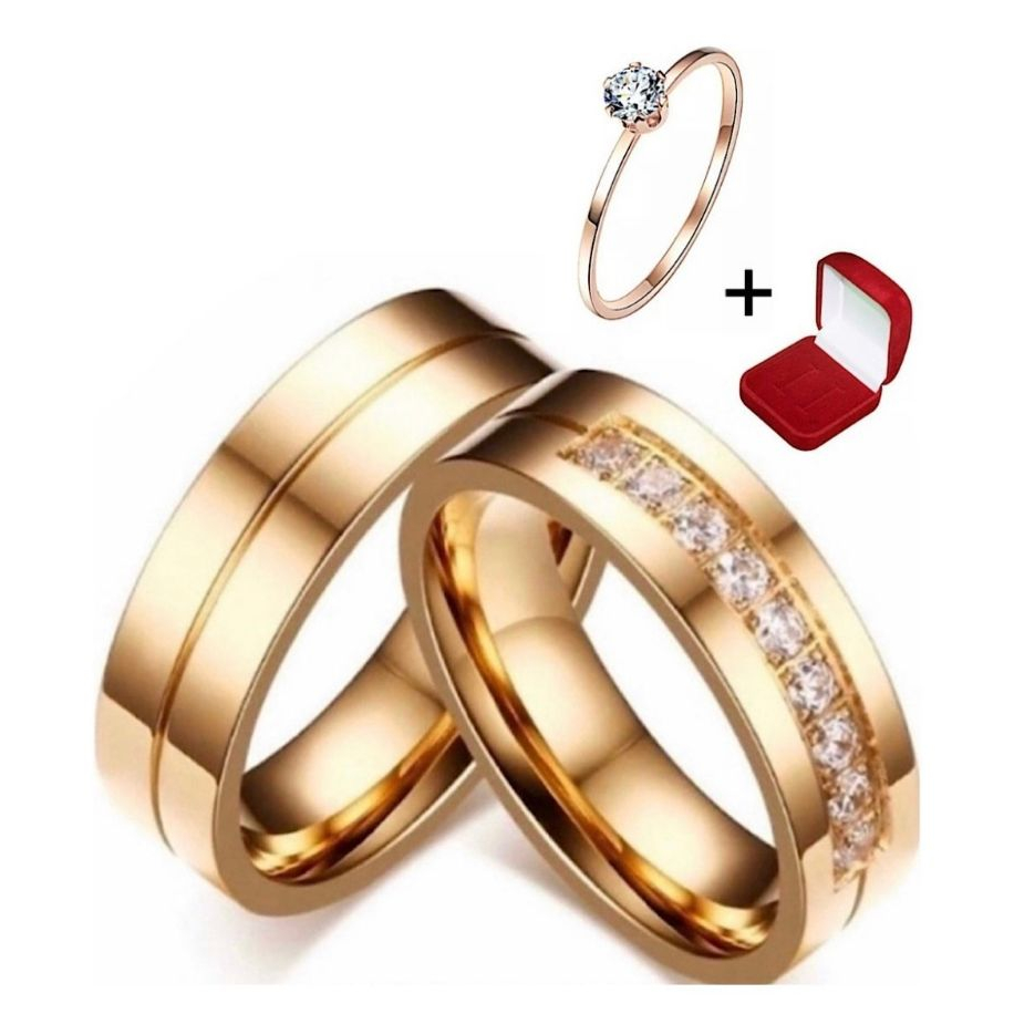 Par de Alianças 6mm Com Pedrinhas Moedas Antigas Banhadas a Ouro 18k Real + Anel Solitário