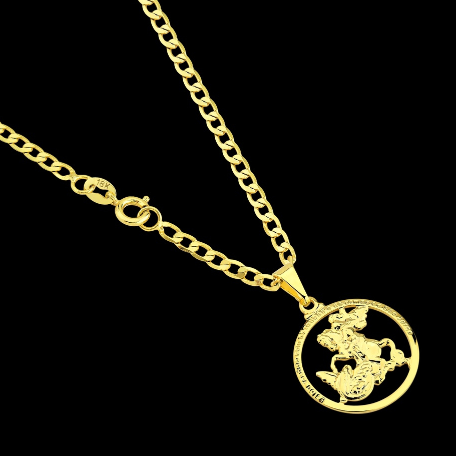 Corrente Correntinha Masculino Grumet + Pingente São Jorge Banhado a ouro 18k Cordão Fino
