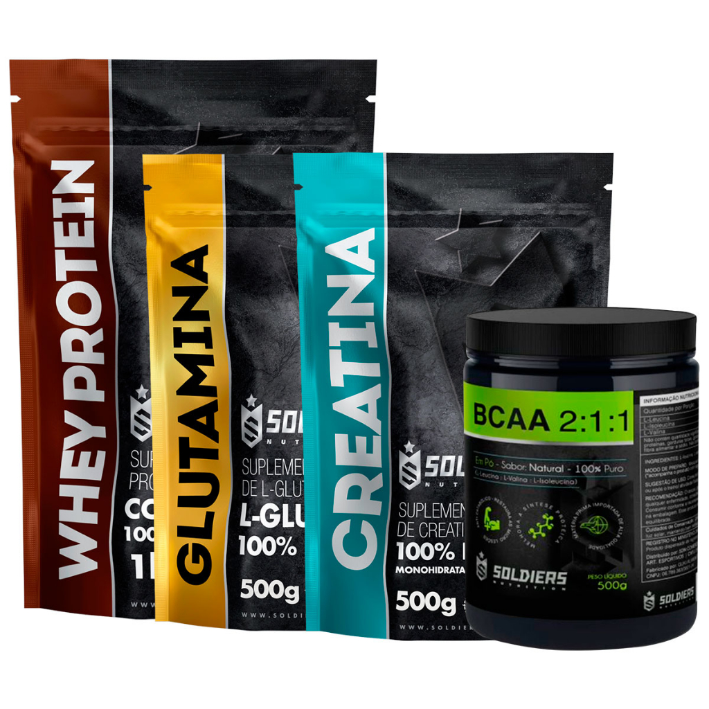 Kit: Whey Protein Concentrado 1Kg + Creatina Monohidratada 500g + Glutamina 500g + BCAA Em Pó 500g - 100% Importado - Soldiers Nutrition