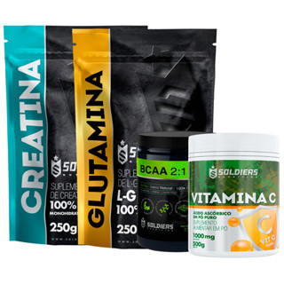 Kit: BCAA 250g + Glutamina 250g + Creatina Monohidratada 250g + Vitamina C Em Pó 250g - 100% Puro Importado - Soldiers Nutrition