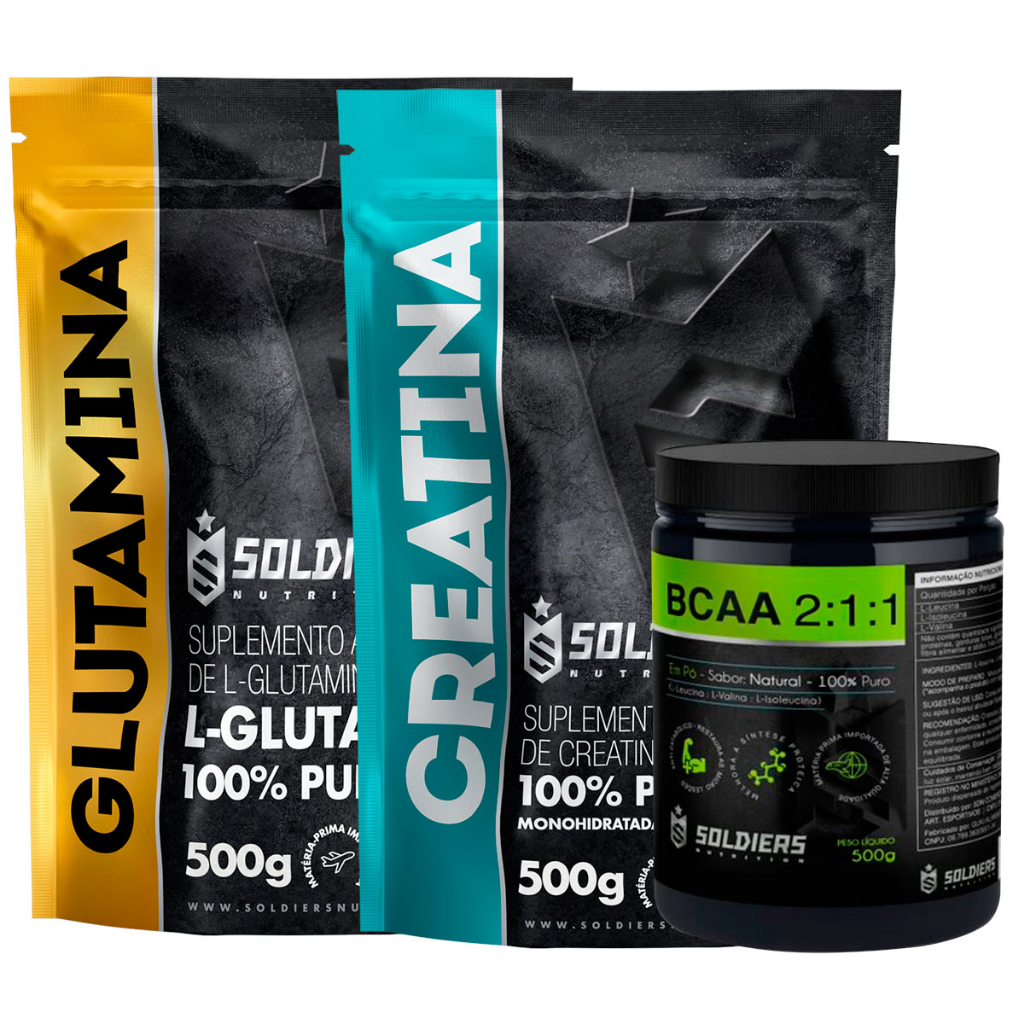 Kit: Creatina Monohidratada 500g + L-Glutamina 500g + BCAA Em Pó 500g - 100% Puro Importado - Soldiers Nutrition