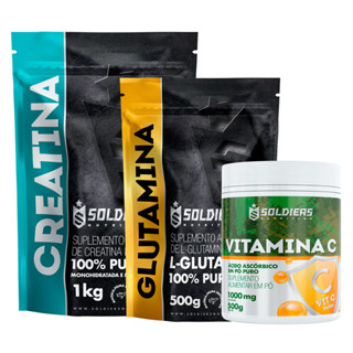 Kit: Creatina Monohidratada 1Kg + Glutamina 500g + Vitamina C Em Pó 500g - 100% Pura Importada - Soldiers Nutrition