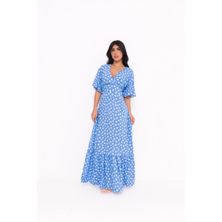 Vestido Longo Manga Curta Acinturado decote V