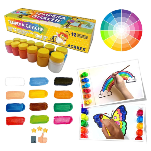 Tinta Guache 12 cores acrilex de 15ml para desenho brincar material escolar criança infantil