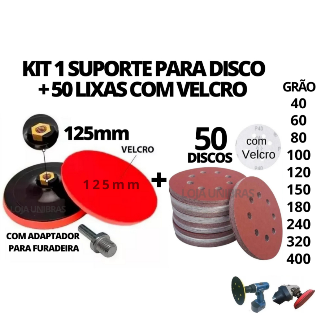 Kit 1 Suporte Disco Base Velcro 125mm + 50 Lixas Com Velcro 5" Para Furadeira Esmerilhadeira