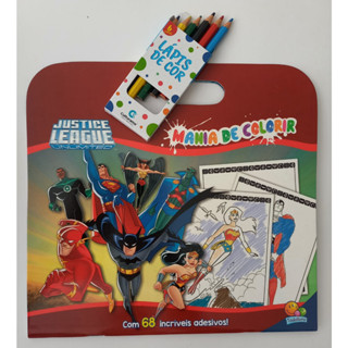 Livro MALETINHA Pintar Colorir LIGA DA JUSTIÇA e Lápis de Cor 6 Cores 68 Adesvios Exclusivos