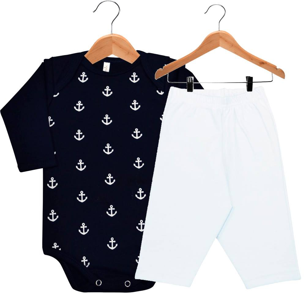 Kit Body Manga Longa E Calça Âncora Marinheiro 100% Algodão - Tam G