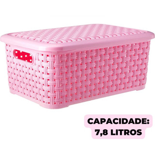 Cesto Rattan Plástico Organizador Casa Multiuso Com Tampa 7,8 Litros Preto Azul Rosa Ling Brin