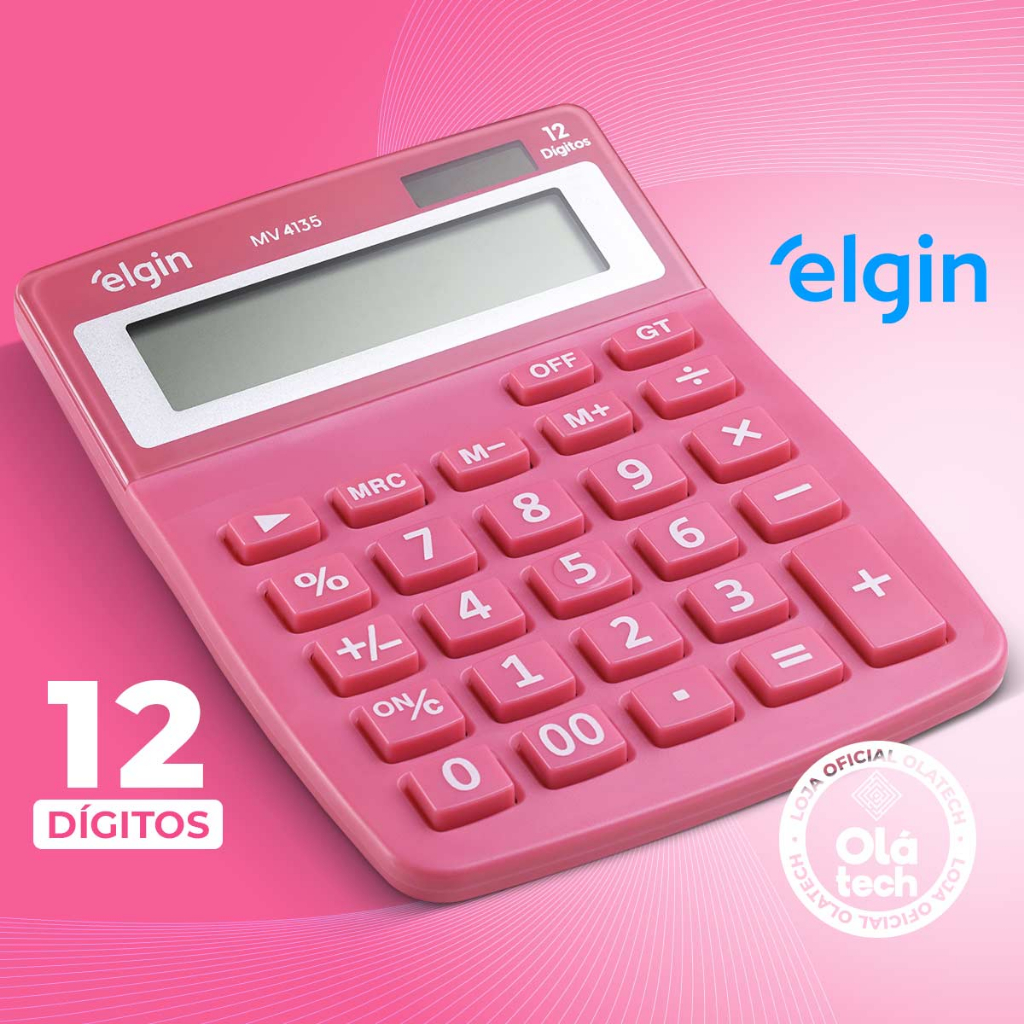 CALCULADORA DIGITAL DE MESA 12 DÍGITOS ELGIN ORIGINAL ROSA PINK TECLA GRANDE COLORIDA