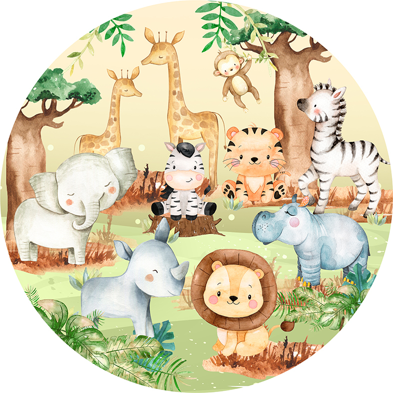 Capa para painel de Festa Redondo 1,50 mts Malha Sublimado Safari Baby animais africa candy color