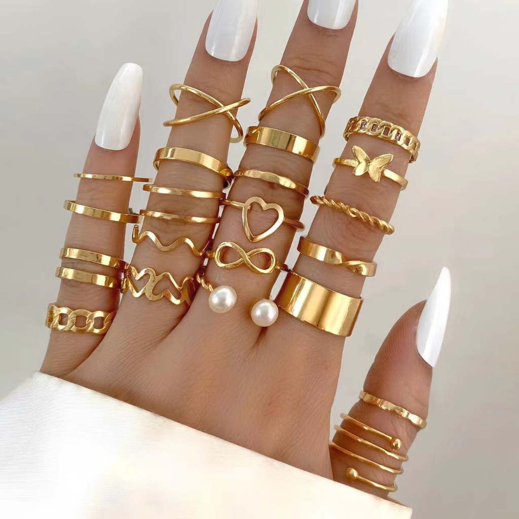 22pçs Conjunto De Anel De Prata Dourado Vintage Para Mulheres Conjunto De Anel De Dedo Joi...