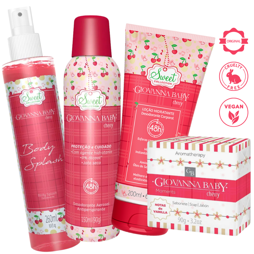 Kit Giovanna Baby Cherry Body Splash Desodorante Aerosol Loção Hidratante e Sabonete
