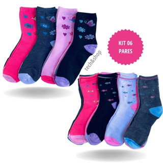 Kit 06 Pares Meia Cano Alto Feminino Estampado Adulto 34-40