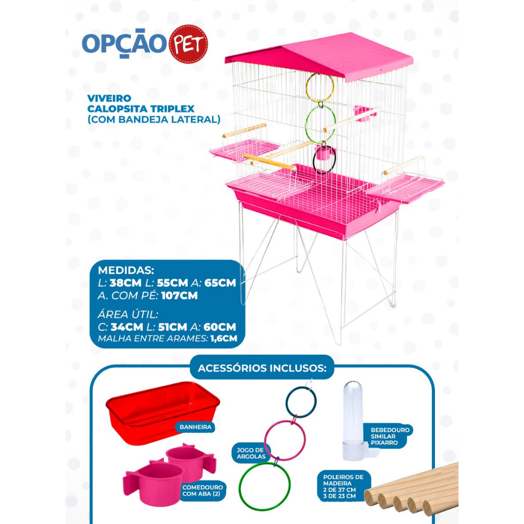 Viveiro Tríplex Grande para calopsita, papagaio e pássaros médios, com jogo de argolas coloridas na cor Rosa - OPÇÃO PET