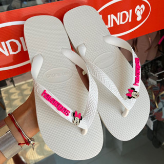 CHINELO HAVAIANAS TOP BRANCA FEMININA PERSONALIZADA COM PINGENTE LOGO+ MINNIE COM LAÇO ROSA