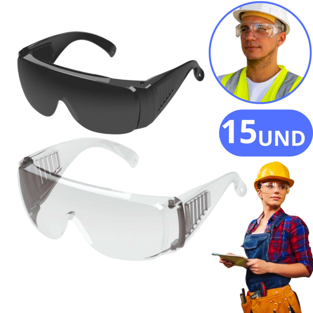 kit15 Óculos De Segurança P/Sobrepor Proteção Pessoal Uv EPI Cipa Anti-Risco Anti-Respingo Fume Incolor Resistente